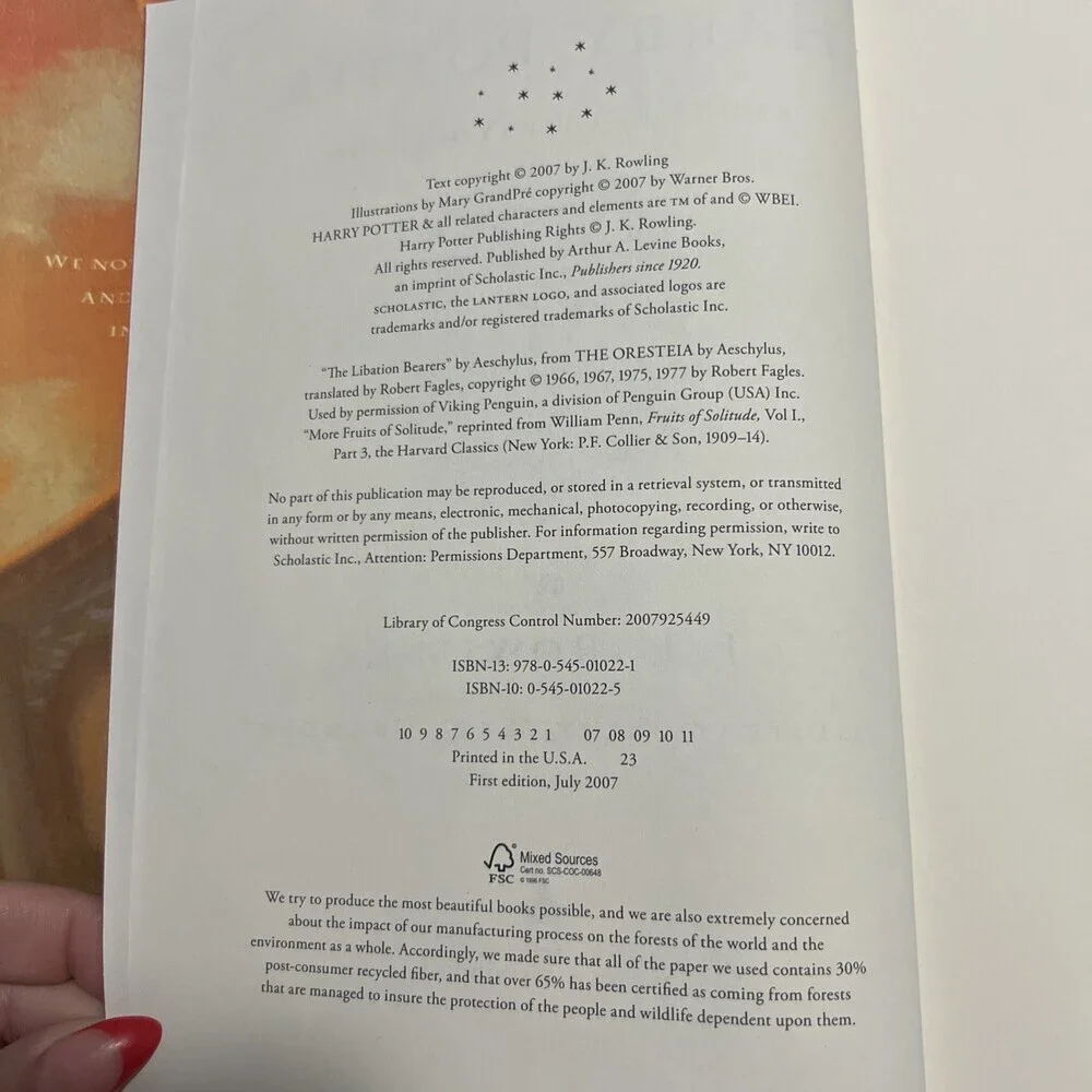 Harry  Potter & the Deathly Hallows 1st Edition Error Book Ends Pg 759